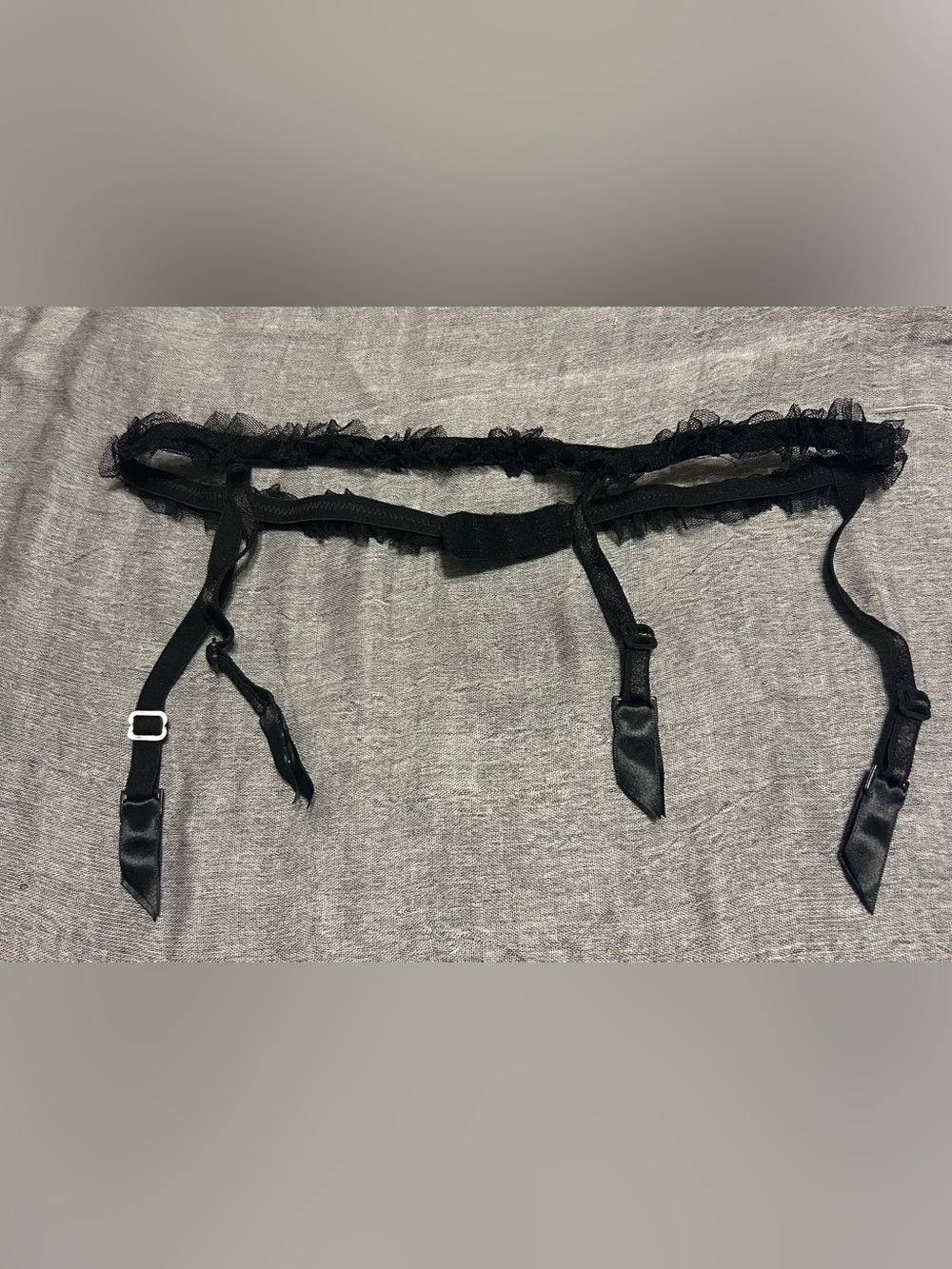 Black Lace Garter Belt with Satin Straps and black stockings